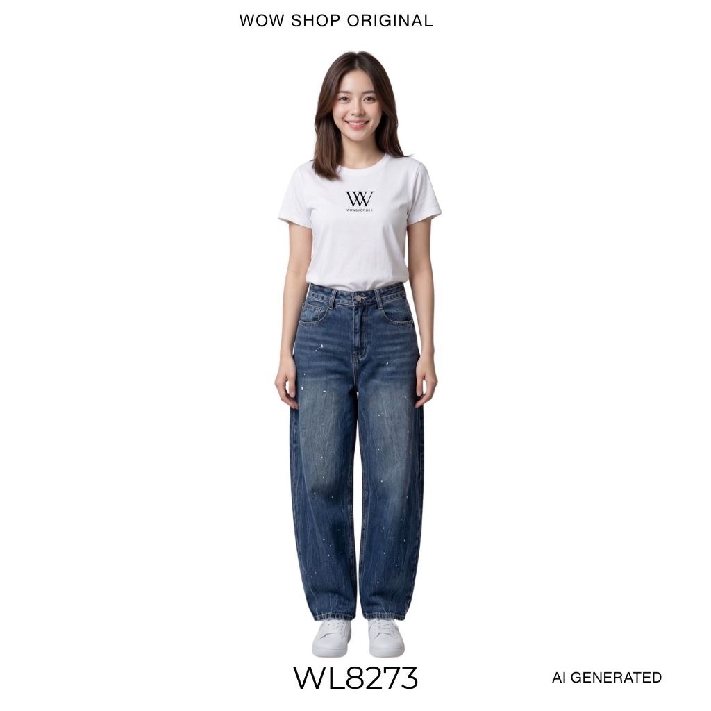 WOWSHOP WL8273 กางเกงยีนส์ทรง Barrel สีเข้ม ทำเล่นจุดสีแรนด้อมทั่วตัว น่ารักมาก ราคา ถูกที่สุด ดีลบีเคเค แกลเลอรีภาพที่ 7