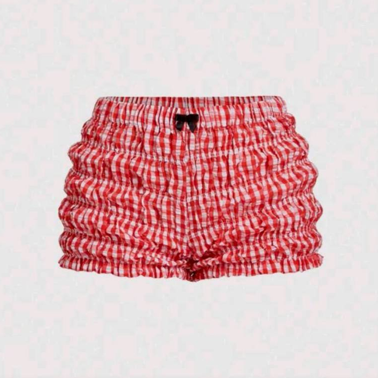 Pants P2603 กางเกงขาสั้น เอวยางยืด ลายสก็อต แต่งโบว์เล็ก