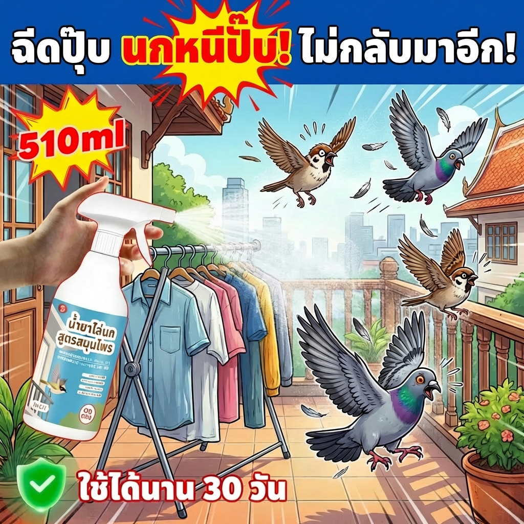 รัศมี 1,000 เมตร ไร้นก NANA สเปรย์ไล่นก ไล่นกพิราบ ไล่นกกระจอก สเปรย์กันนก 510ml สูตรสมุนไพรธรรมชาติ ไล่นกได้ทุกชนิด ราคา ถูกที่สุด ดีลบีเคเค