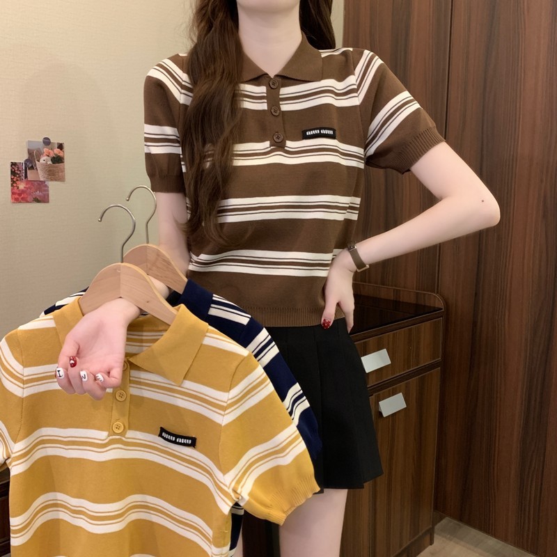 พร้อมส่งในไทย** เสื้อไหมพรมแขนสั้นมีกระดุมด้านหน้า เสื้อผู้หญิงไซส์เล็ก Y309