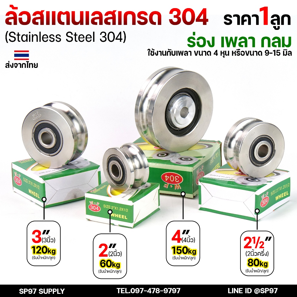 ล้อสแตนเลส ล้อประตูรั้ว เกรด304 สแตนเลสแท้ พร้อมลูกปืน ขนาด 2นิ้ว-4นิ้ว (เลือกขนาดได้ในตัวเลือกสินค้า) ราคา 1ลูก
