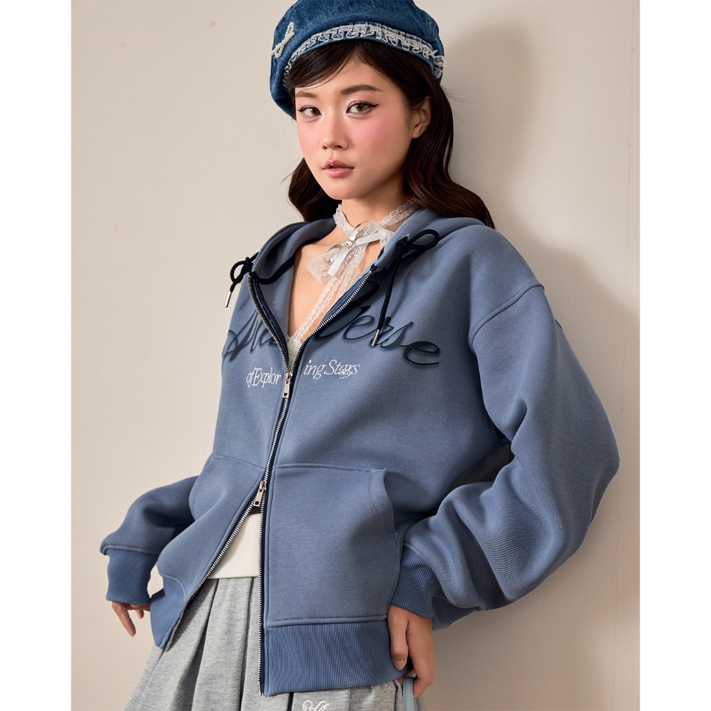 พร้อมส่ง แบรนด์เวียดนาม Miukiway" Boxy Hoodie AIAI OFFICIAL 2-skin felt boxy zip hoodie ปักโลโก้