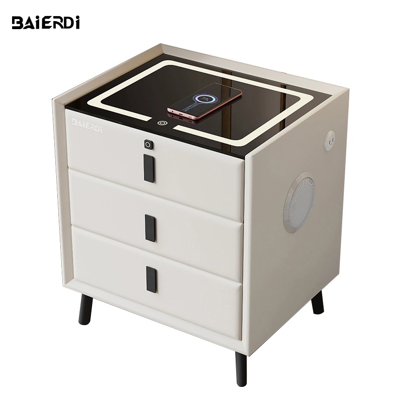 BAIERDI MALLตูข้างเตียง โต๊ะข้างเตียง มาพร้อมกับไฟกลางคืน 3สี +ที่ชาร์จแบบไร้สาย+ลำโพงบลูทูธ 5.0 +สแกนลายนิ้วมือ