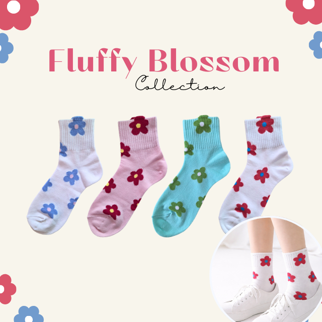 🌸💚 ถุงเท้าข้อกลางลายดอกไม้ โทนสีพาสเทล คอลเลคชั่น "Fluffy Blossom" 💚🌸
