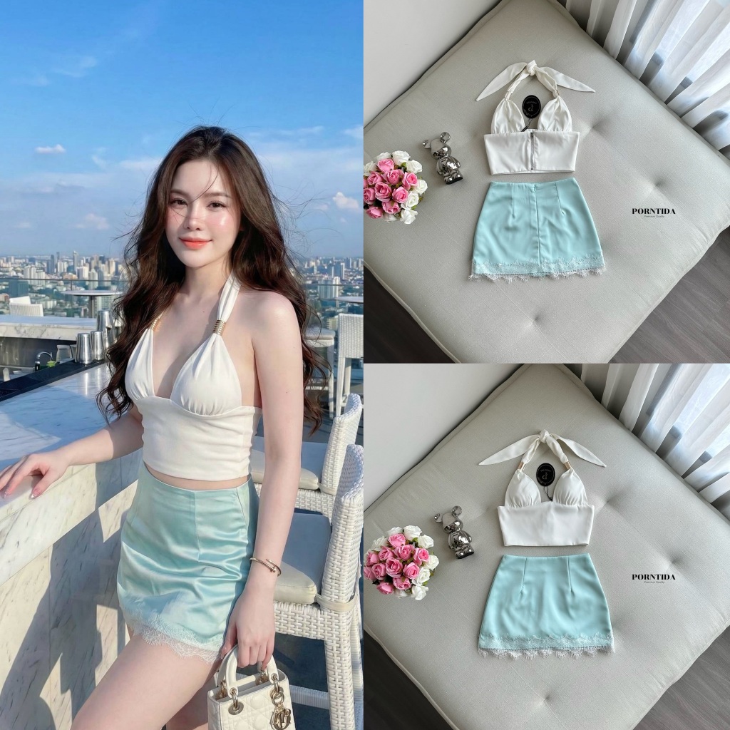 [PORNTIDA] ชุดเซต 2 ชิ้น เสื้อสีขาวผูกคอผ้าซาตินงานซิปหลังหน้าอกเสริมฟองนม+ กระโปรงสีฟ้า