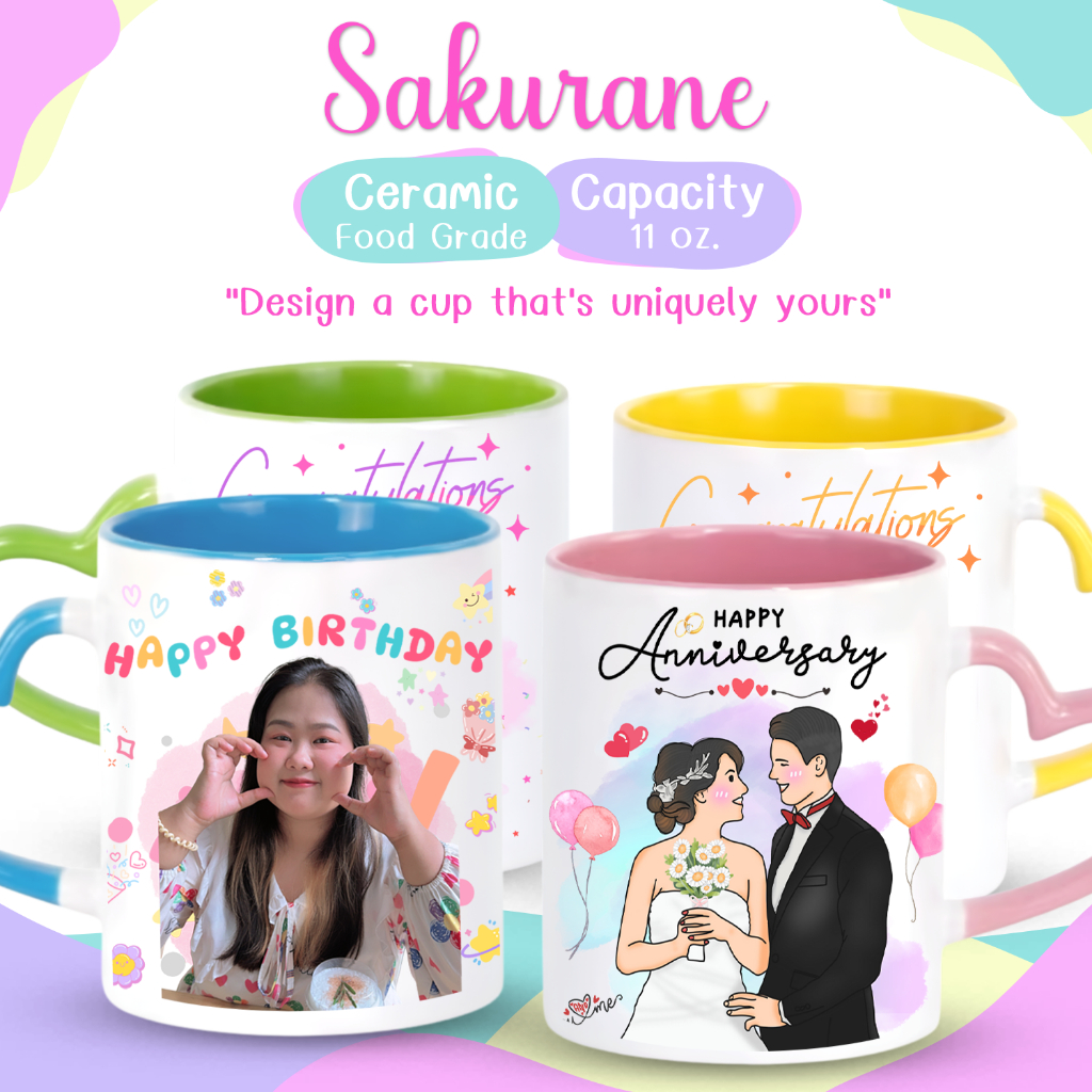 Sakurane แก้วสกรีนรูป ออกแบบฟรี [สกรีนฟรี 2 ด้าน] ขนาด 11oz. แก้วมัค ของขวัญวันเกิด ของขวัญรับปริญญา