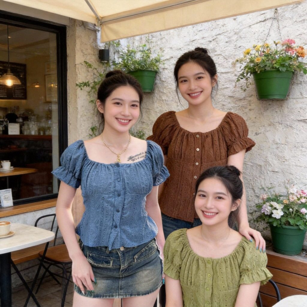เสื้อเบลาส์ แขนตุ๊กตา แต่งระบายสุดน่ารัก