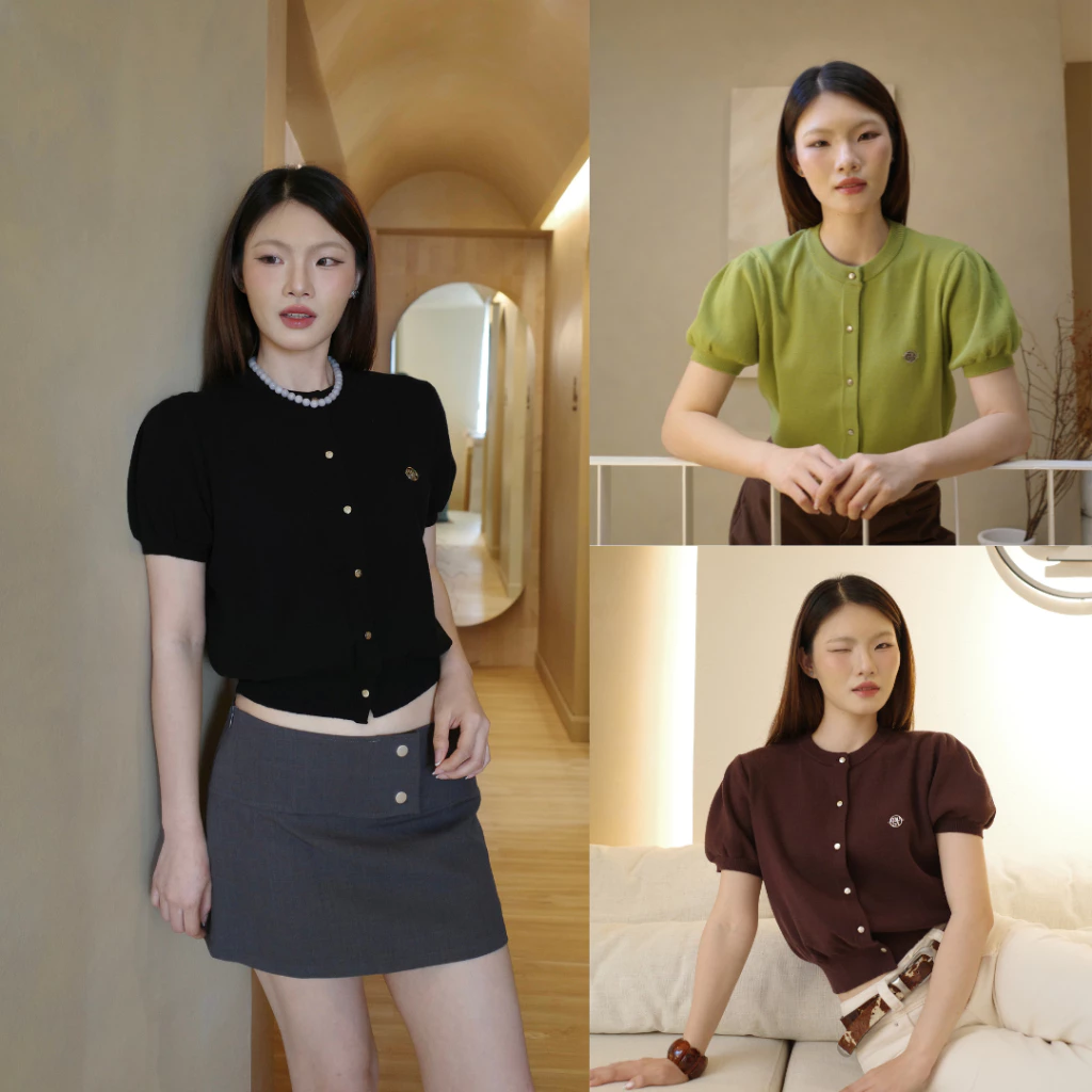 MUSTNIMAL | Pumpkin Puff Top เสื้อไหมพรมแขนพอง ทรงคาดิแกนแขนสั้น ลุคคุณหนู ใส่คาเฟ่ ใส่ทำงาน