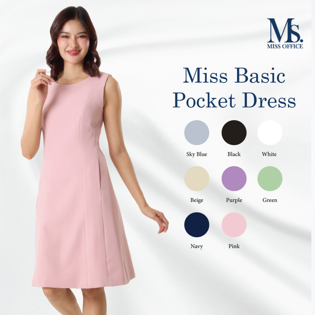 (ความยาว 38 นิ้ว) Miss office เดรสแขนกุด แต่งกระเป๋าข้าง (MD-003)