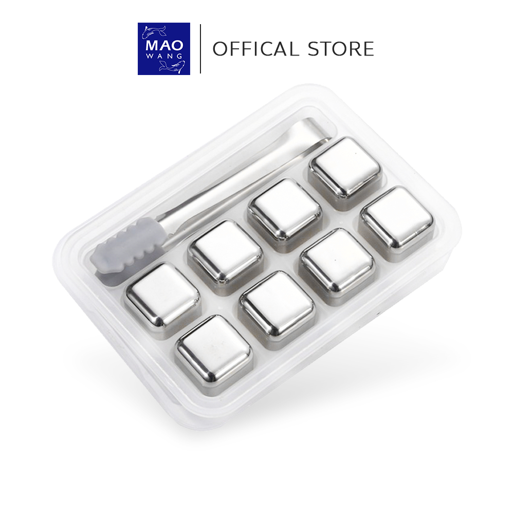 MAO น้ำแข็งสแตนเลส แถมกล่องเก็บ+ที่คีบ (ชุดละ4 / 6 / 8 ก้อน) น้ำแข็งไม่ละลาย ICE CUBE ไม่เสียรสชาติ