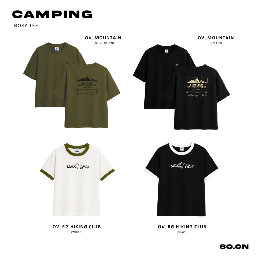 SO.ON : Camping Boxy Tee เสื้อยืดโอเวอร์ไซส์ ทรงครอป ลาย Hiking Club / Mountain
