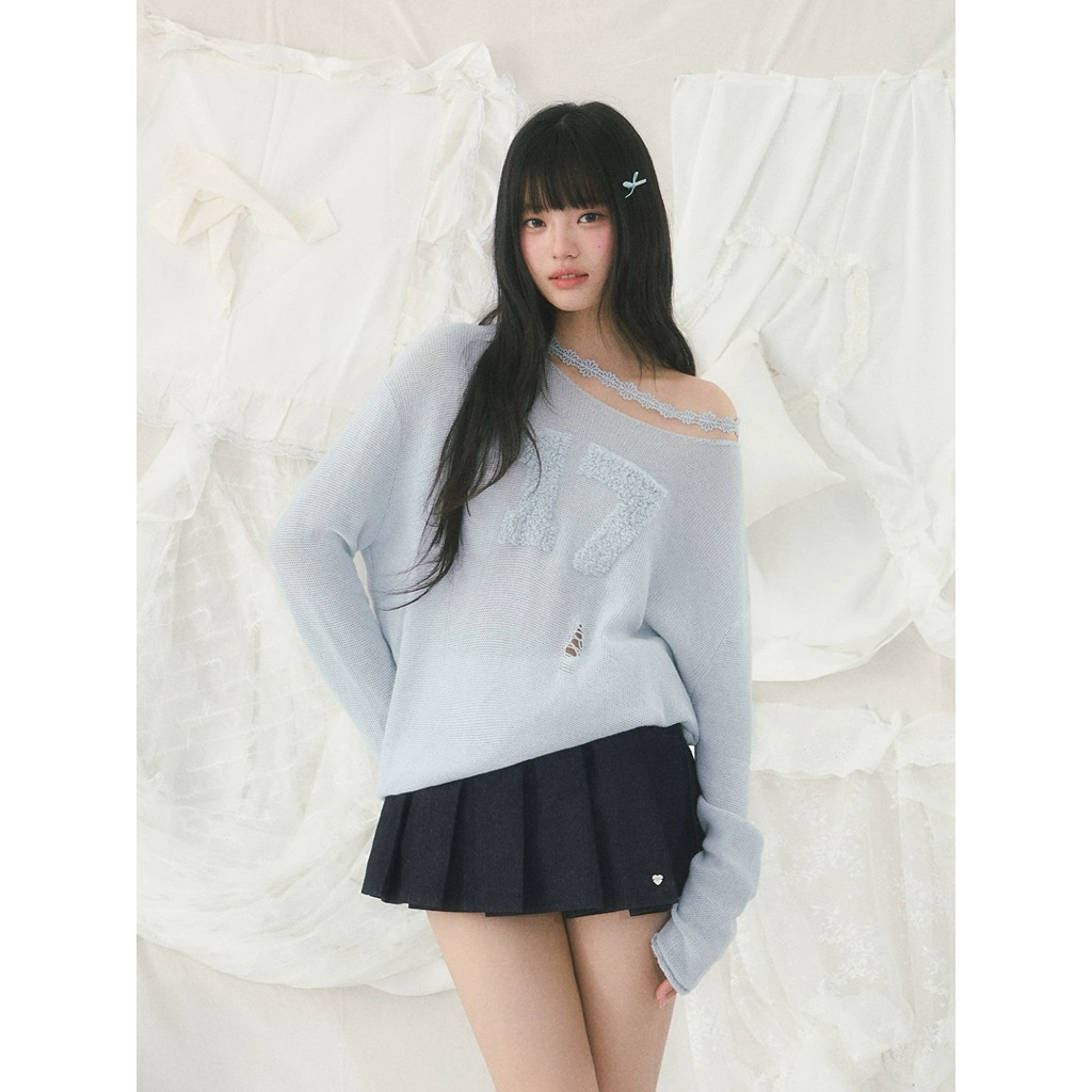 (pre-order)weekendhub - เสื้อแขนยาวปาดไหล่สีฟ้า 17 รอบโปร ของแท้