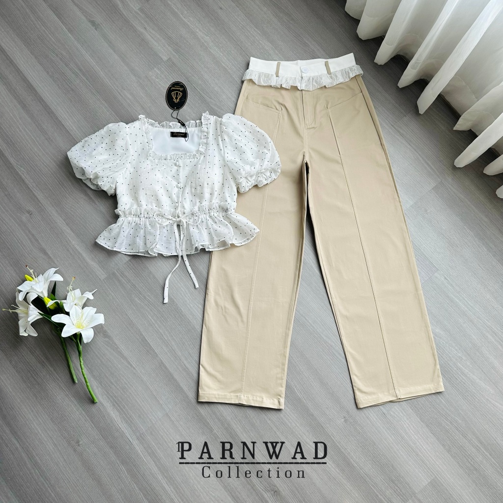 Parnwad Setเสื้อลายจุดคอเหลี่ยม+กางเกงสีน้ำตาลอ่อน - รูปที่ 2