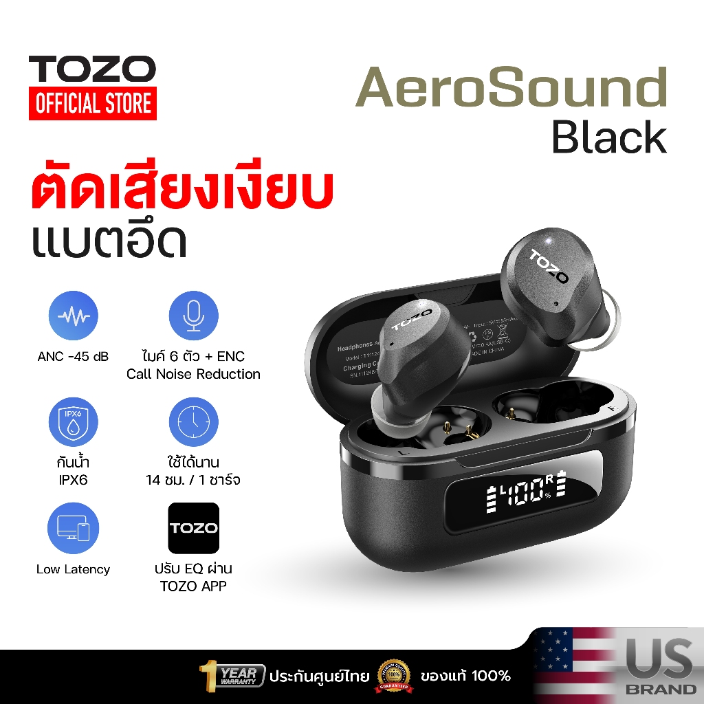 [ประกันศูนย์ไทย] TOZO AeroSound หูฟังบลูทูธ หูฟังไร้สาย หูฟังอินเอีย แบตอึด Bluetooth 5.3 แบต 14 ชม/ชาร์จ IPX6 Game Mode
