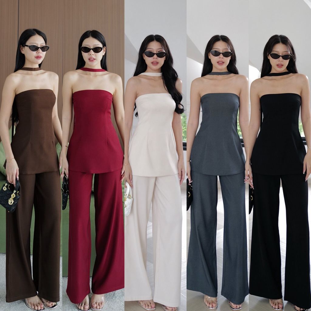 FK : เซ็ต 3 ชิ้น เกาะอก ตัวยาว ซับใน กับ กางเกง ขายาว ซิปหลัง กับ เชือกพันคอ โช็คเกอร์ แมทกับ ส้นสูง