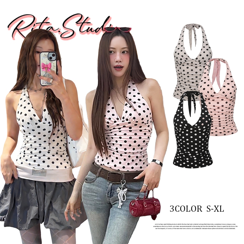 Rita พร้อมส่ง🍒ลายโพกาดอท เสื้อคล้องคอ เสื้อครอป และเปิดหลัง คอวีลึก ผูกคอ ดูแพง เซ็กซี่แฟชั่นผู้หญิง ทรงเข้ารูป จับจีบ