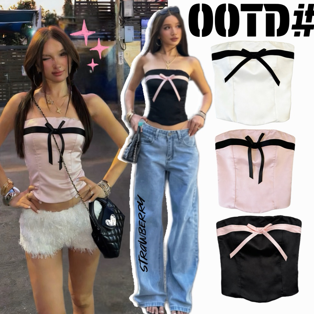 STR พร้อมส่ง🎀🧀เสื้อเกาะอกผู้หญิง ดีไซน์แต่งโบว์น่ารัก แขนกุด มีฟ้องน้ำ เสื้อครอปทรงรัดรูป เซ็กซี่แฟชั่น สไตล์อเมริกัน