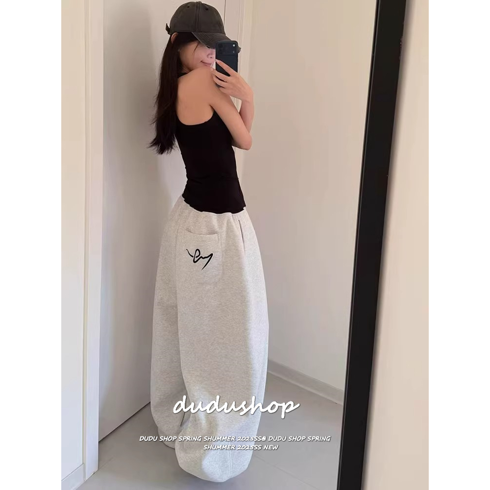 [Printed back pockets, casual pants]ผู้หญิงเกาหลีรุ่นวินเทจกลับกระเป๋าพิมพ์ลำลองแจ๊สเต้นรำกว้างขากางเกง