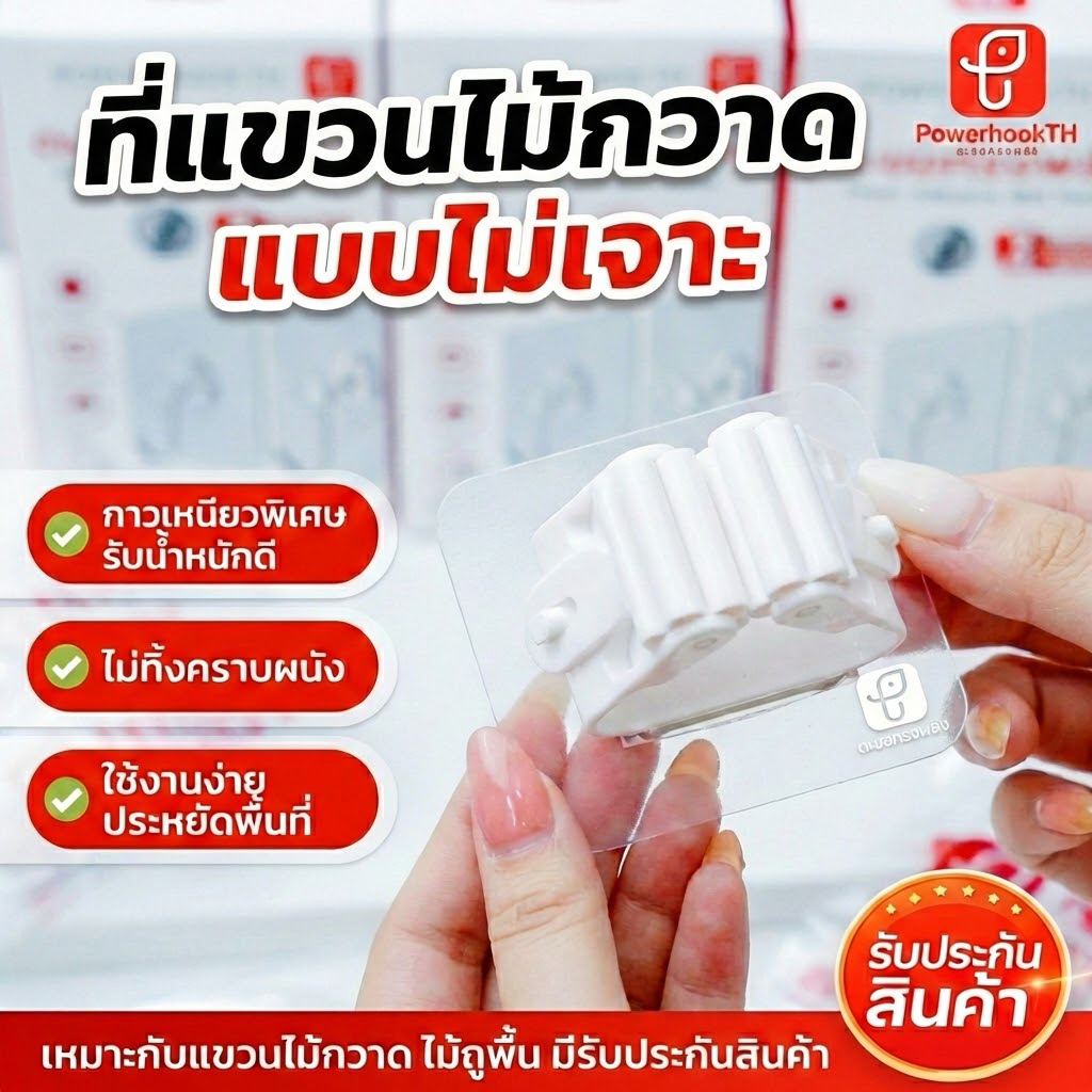 POWERHOOKTH ที่แขวนไม้กวาดทรงพลัง ไม่ต้องเจาะผนัง กาวเหนียวพิเศษ