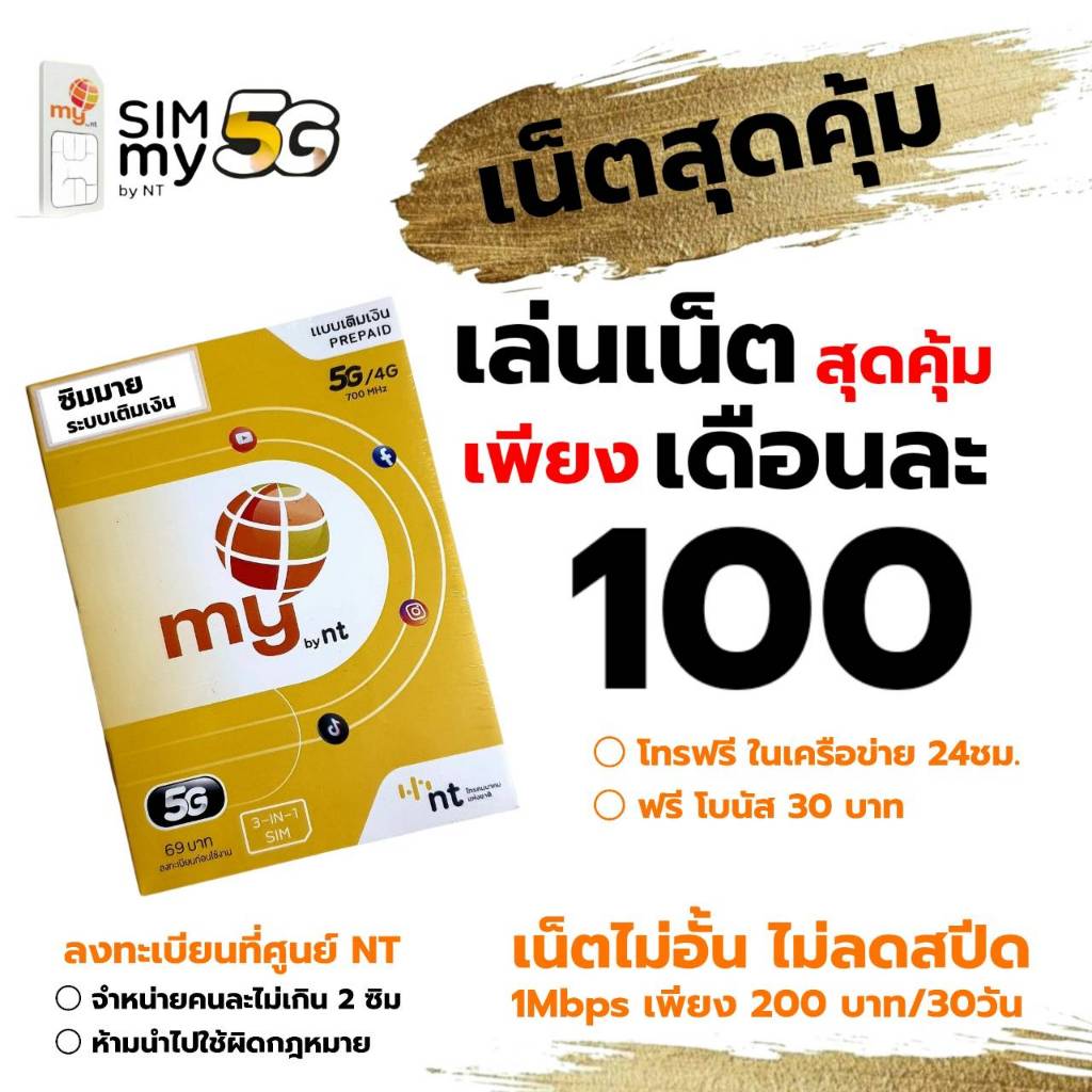 ถูกดี สุดคุ้ม (no.2)ซิมมาย เล่นเน็ตต่อเนื่อง ตลอด 30วัน เพียง 100 บาทต่อเดือน (2Mbps 15GB FUP 384kbp
