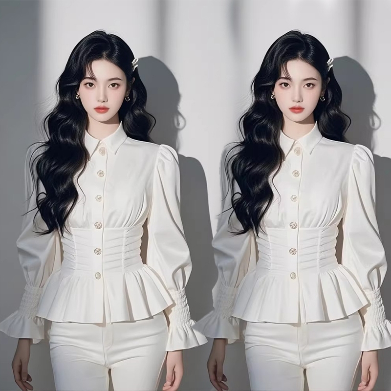 99146 เสื้อเชิ้ตแขนยาวสีขาวมีปกสำหรับผู้หญิง สไตล์ใหม่สำหรับฤดูใบไม้ผลิ บุคลิกอ่อนโยนและมีเอกลักษณ์ ช่วยให้เอวดูเพรียวบา