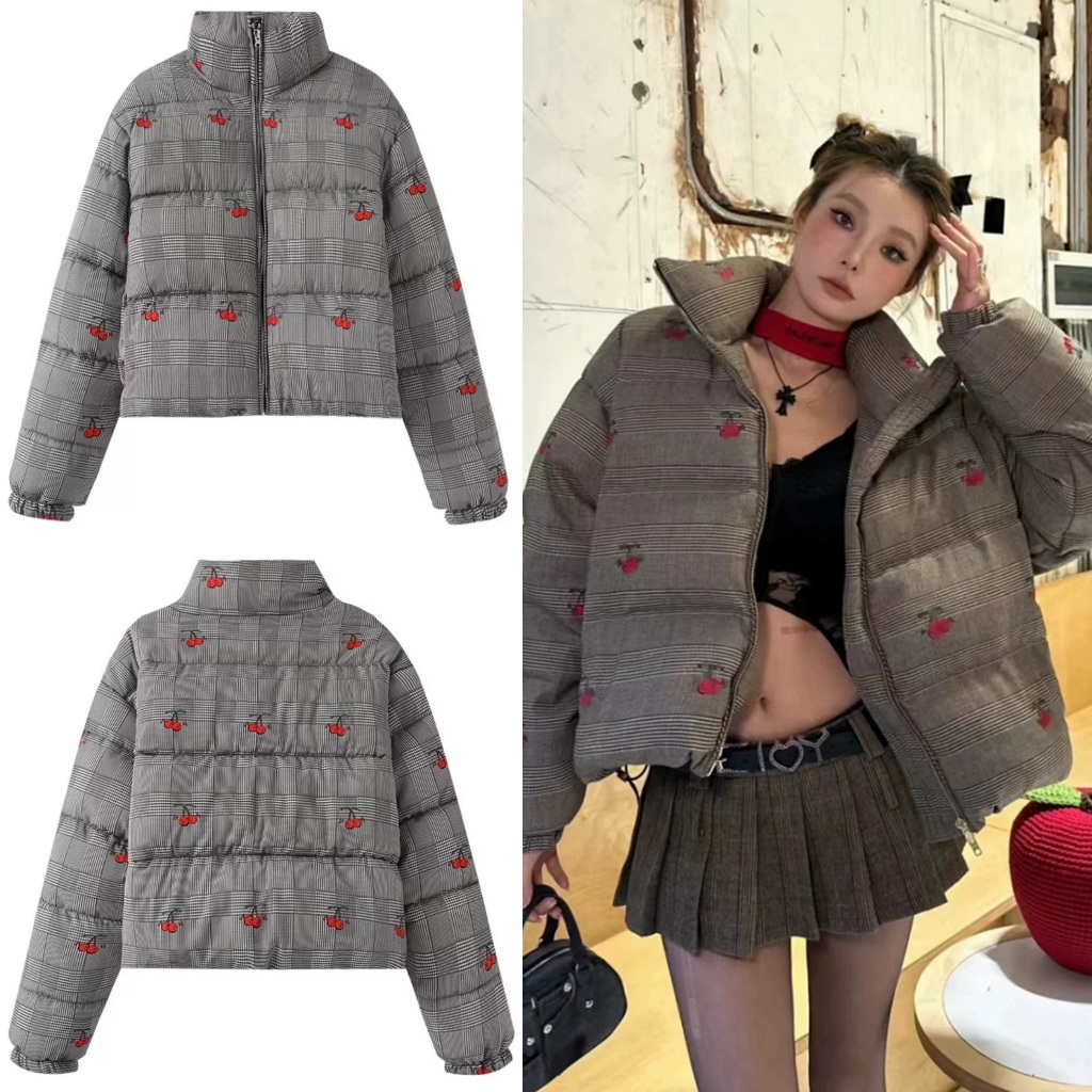 พร้อมส่ง เสื้อกันหนาวลายตารางสีเทา พิมพ์ลายเชอร์รี่ (T470)