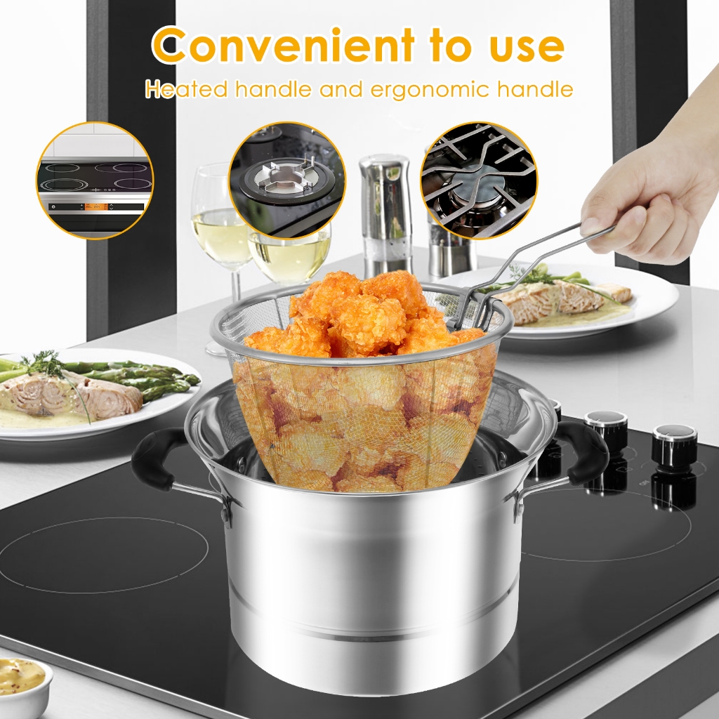Deep Fryer Pot Stainless Steel Fryer Pot with Strainer Basket and Handle Portable Deep Fryer for Coo