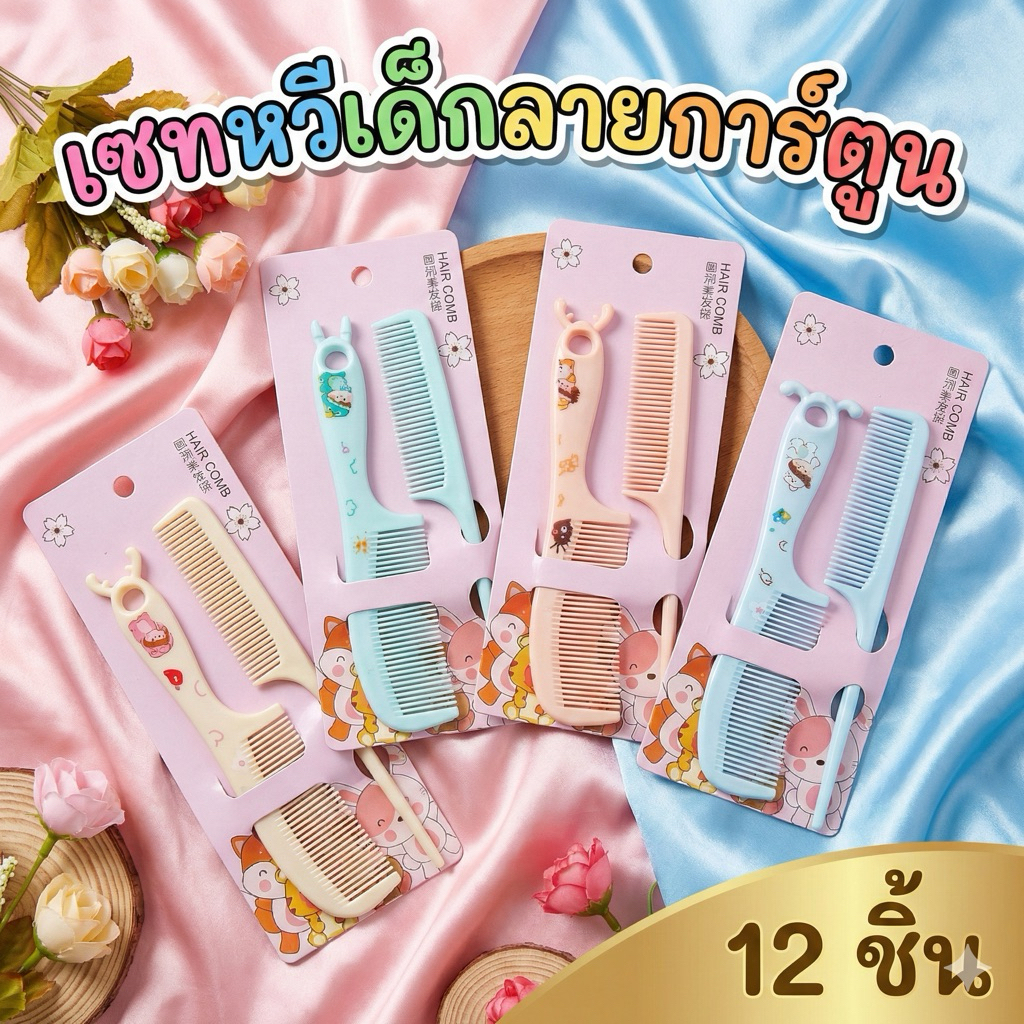 🌷ยกโหล 🌷 หวีสั้นคู่ ลายการ์ตูน คละสีราคาส่ง