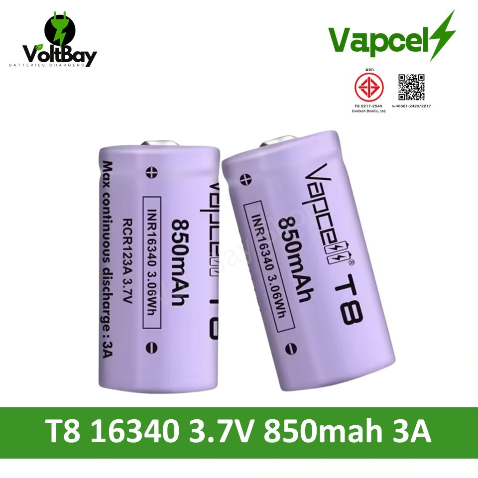 Vapcell ถ่านชาร์จ T8 16340 3.7V 850mah 3A (CR123A)