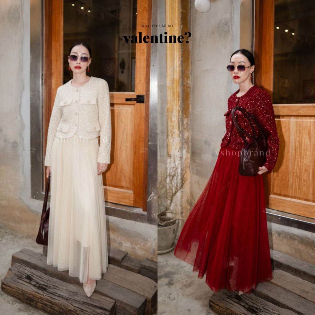 พร้อมส่ง Set เสื้อทวิตแขนยาวปักเลื่อม+กระโปรงยาวฟรุ้งฟริ้ง งานป้าย vshopbrand