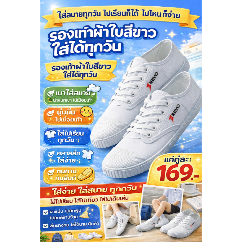 REVO รองเท้านักเรียน ดีไซน์เรียบ ใส่สบาย ทนต่อการใช้งาน สำหรับนักเรียนชายหญิง