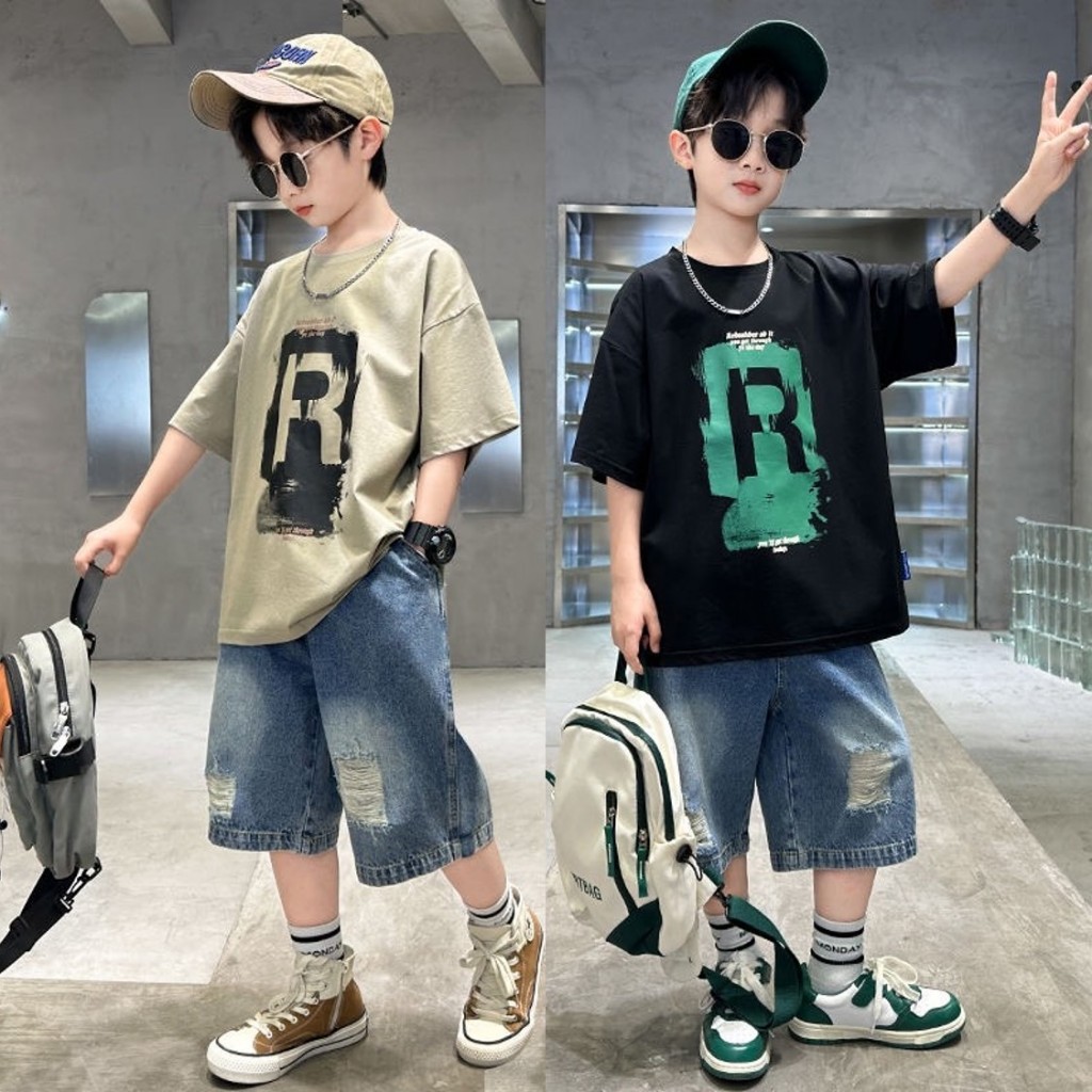 พร้อมส่ง เสื้อผ้าเด็กผู้ชาย แฟชั่นชุดเด็กผู้ชาย เซ็ท2ชิ้น เสื้อ+กางเกงยีนส์เด็ก 3-14ปี เสื้อผ้าเด็กโตชายML504
