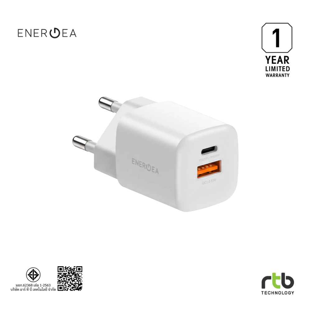 Energea หัวชาร์จ Wall Charger USB C PD35/PPS33W & USB A QC 3.0 รุ่น Ampcharge GaN35