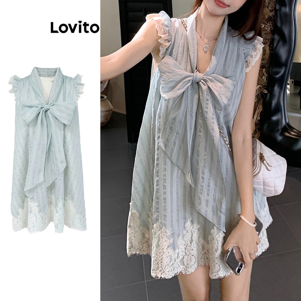 𝐔𝐬𝐞𝐝 𝐋𝐢𝐤𝐞 𝐍𝐞𝐰(L) Lovito เดรสผู้หญิง ลายทาง แต่งลูกไม้ แต่งโบว์หน้า สไตล์ลำลอง LNA75576