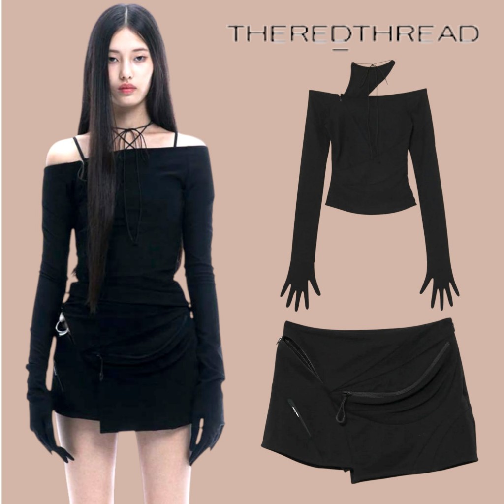 เสื้อเปิดไหล่แขนยาว + กระโปรงสั้นทรงเอ สีดำ