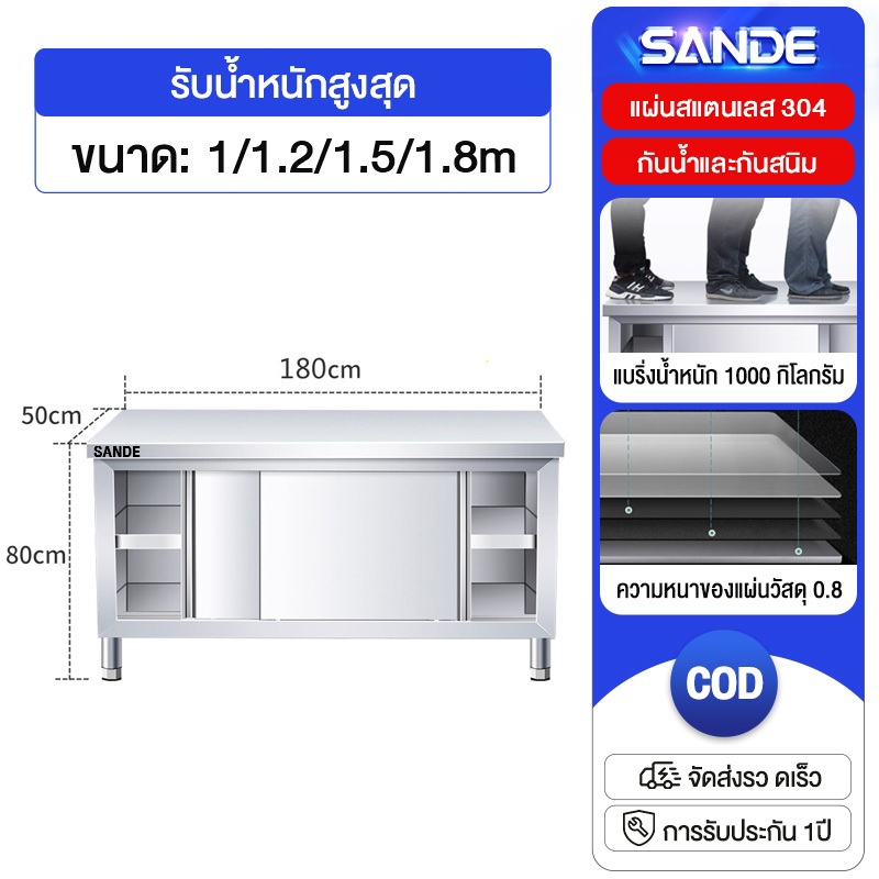 SANDE เคาน์เตอร์ครัว ตู้เคาน์เตอร์ครัว เคาเตอร์สแตนเลส ตู้เก็บของในครัว ตู้สแตนเลส 180x50x80ซม. ตู้ค