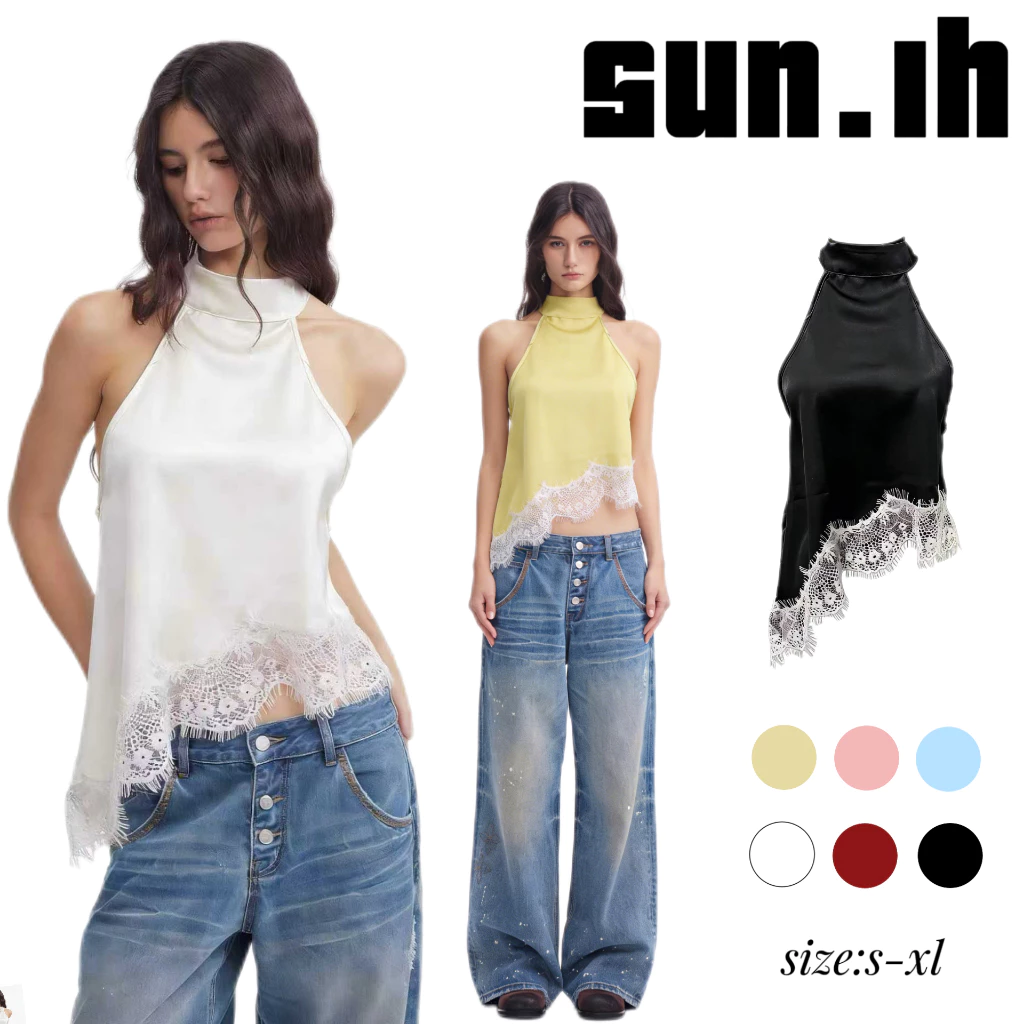 SUN🛍️พร้อมส่ง🛍️เสื้อสายเดี่ยวทรงครอปแบบผูกคอ ดีไซน์ใหม่ เซ็กซี่ ชายเสื้อไม่เท่ากัน เปิดหลัง สีพื้น ช่วยให้ดูผอมเพรียว สว