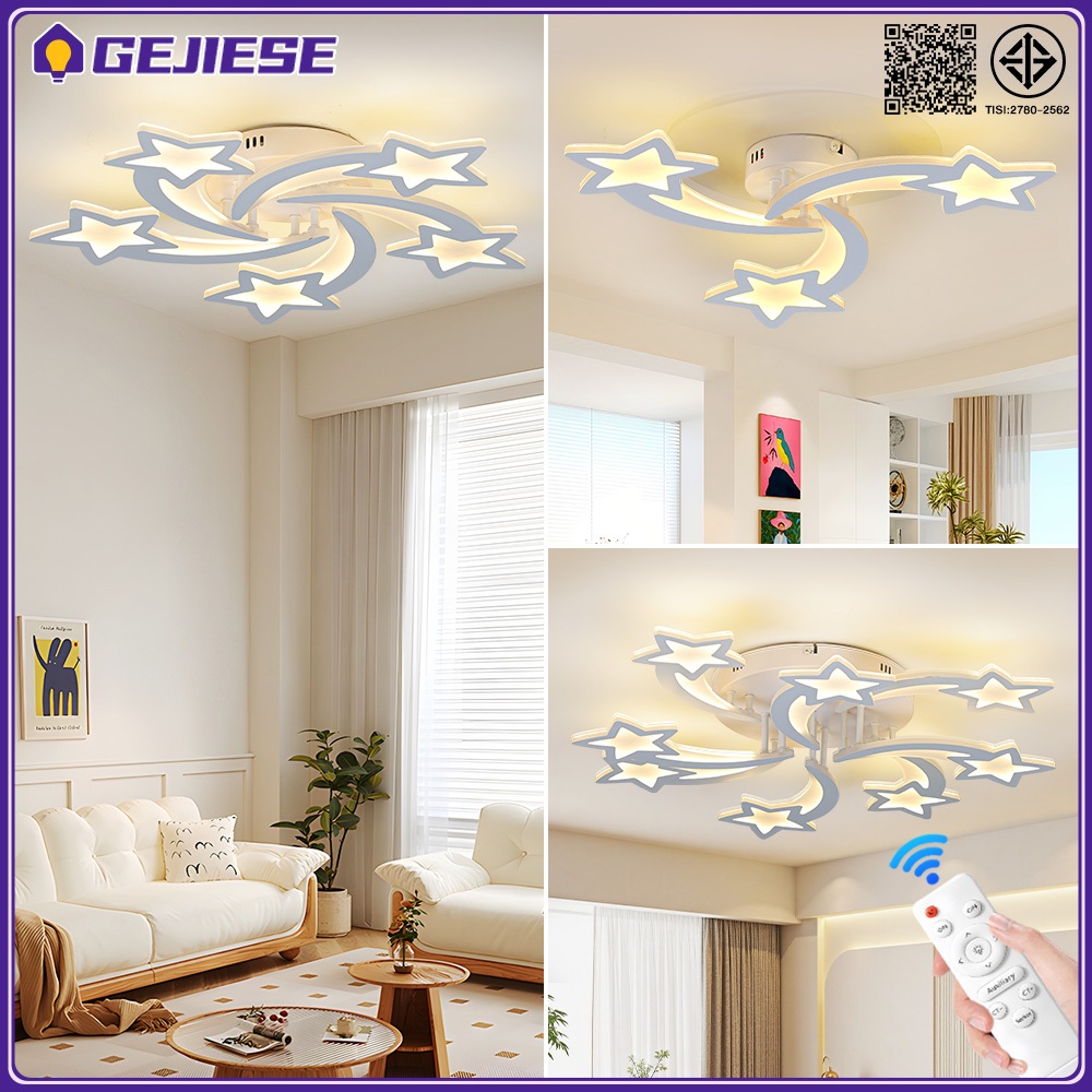 GEJIESE สีขาว เรียบง่าย โคมไฟเพดาน LED ไฟ 3 สี สามารถปรับความสว่างได้ ห้องนั่งเล่น ห้องนอน ไฟเพดาน พร้อมรีโมทควบคุม