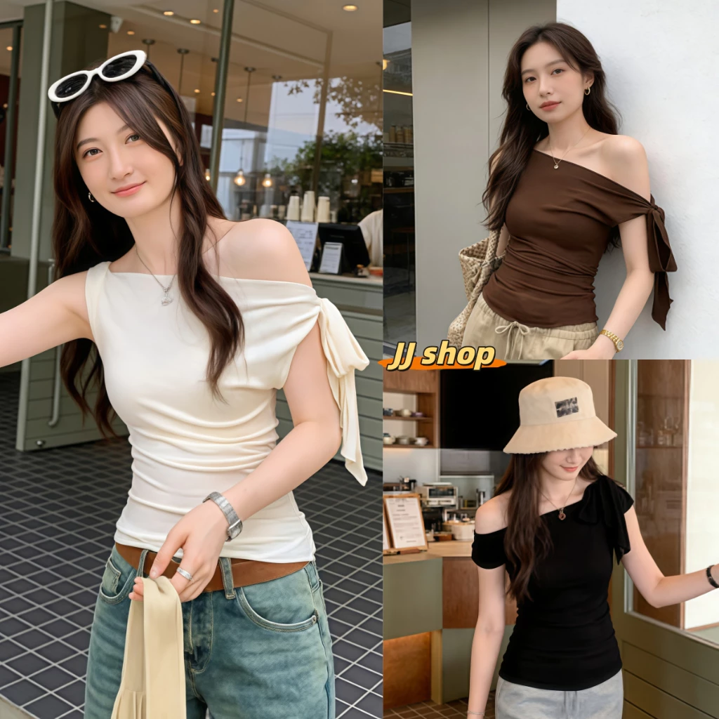 JJ Shop💜พร้อมส่ง เสื้อแขนกุดแฟชั่นผู้หญิง สีพื้น ไหล่เฉียง เข้ารูป สไตล์ลำลอง เซ็กซี่ ใส่สบาย ผ้า-FY5179