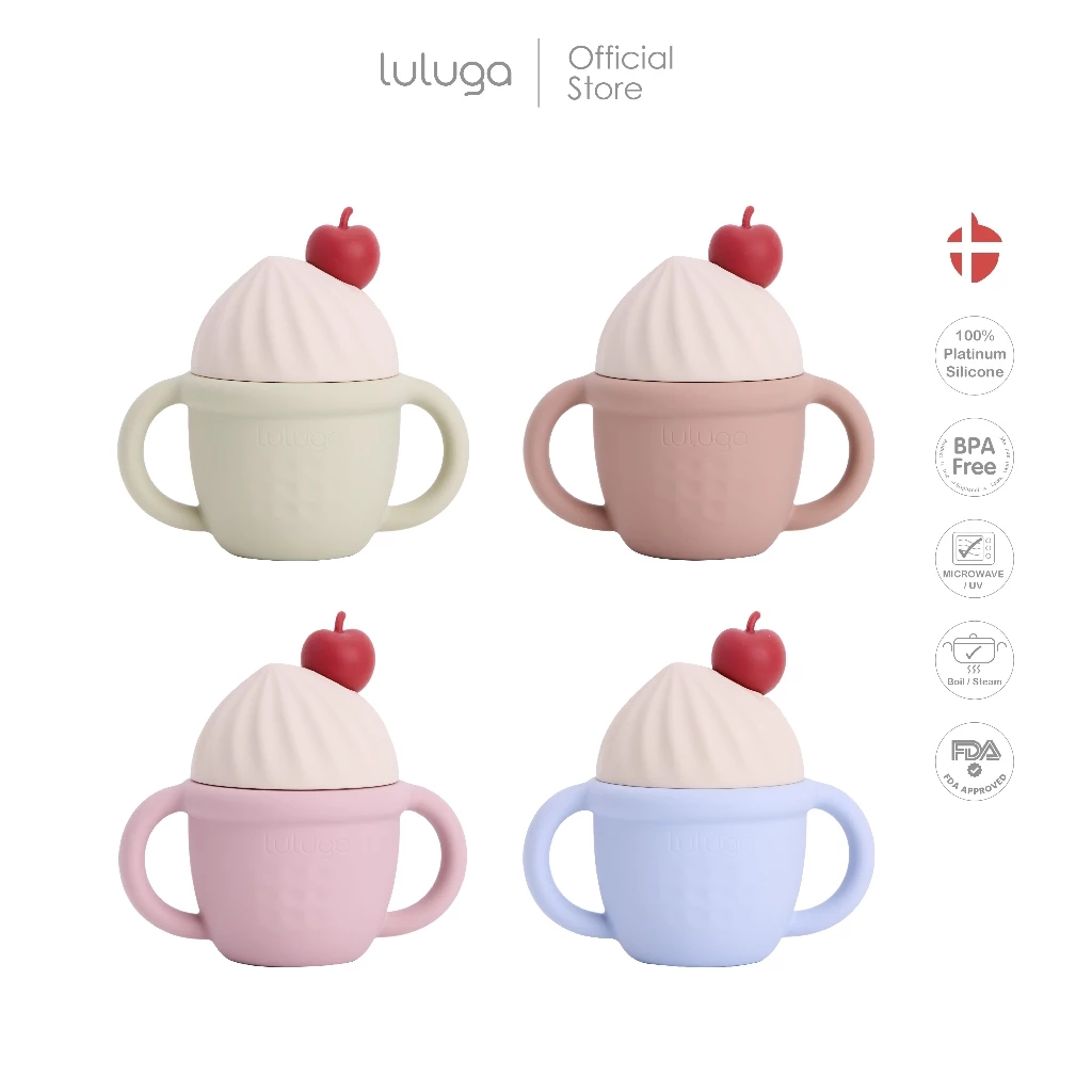 Luluga แก้วหัดดื่มซิลิโคน Ice Cream แก้วน้ำเด็กพร้อมหลอด ฝาปิดกันหก Platinum Silicone สำหรับเด็ก 6 เดือน + ฝึกทาน BLW