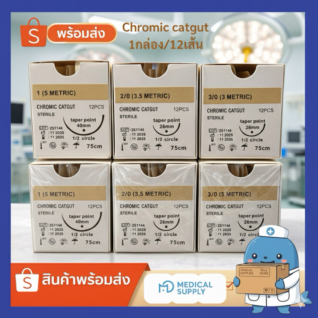 Suture ไหมเย็บแผล Chromic catgut เข็มติด ละลาย (12เส้น/กล่อง)
