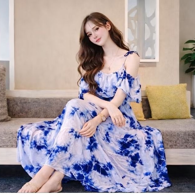 ชุดมัดย้อมสีสวยสดใส ผ้าพริ้ว ใส่สบายไม่ร้อนสายเดี่ยวผูกไหล่เอวแบบผูกปรับได้