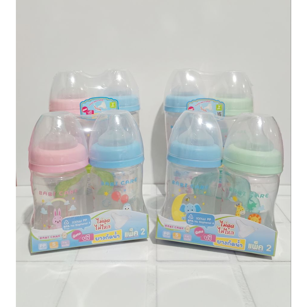 [ 2ขวด + แถมฟรียางกัดในแพ็ค ] เบบี้แคร์ ขวดนมคอกว้าง ขนาด 5ออนซ์ และ 9ออนซ์