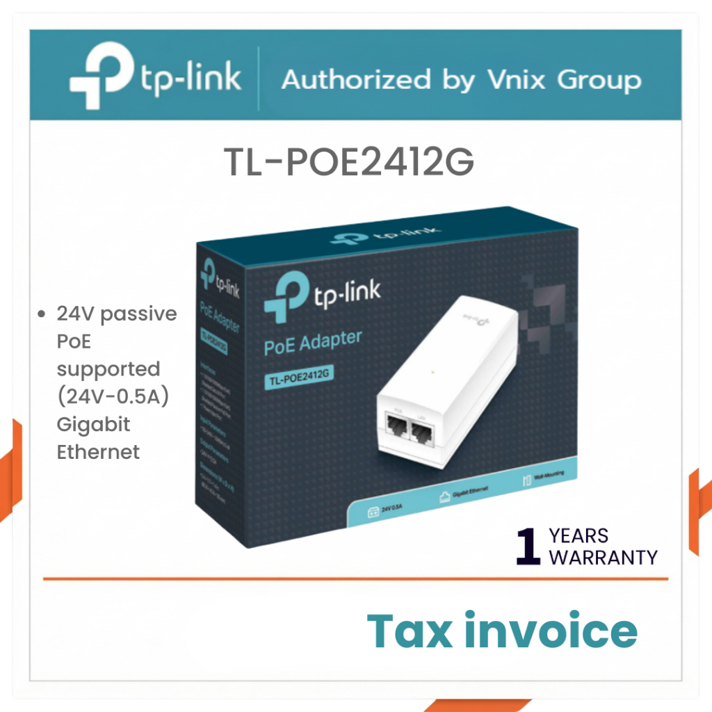 TP-LINK TL-POE2412G POE INJECTOR 24V 12W ADAPTER GIGABIT ETHERNET รับประกัน 1 ปี By Vnix Group
