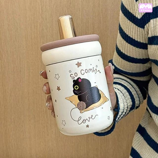 แก้วน้ำสแตนเลส 500ml เก็บร้อนเย็นหลายชั่วโมง Food Grade ลายแมวน่ารัก ฝามีหลอด ฐานกันลื่น ใช้เป็นแก้วเก็บความเย็น