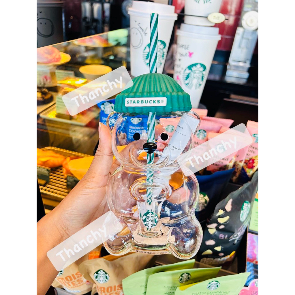 ของแท้💯% พร้อมส่ง💚🧸Starbucks Green Cap Bearista Glass Cold Cup 20oz. ทัมเบลอร์แก้วสตาร์บัคส์ ขนาด 20ออนซ์✨