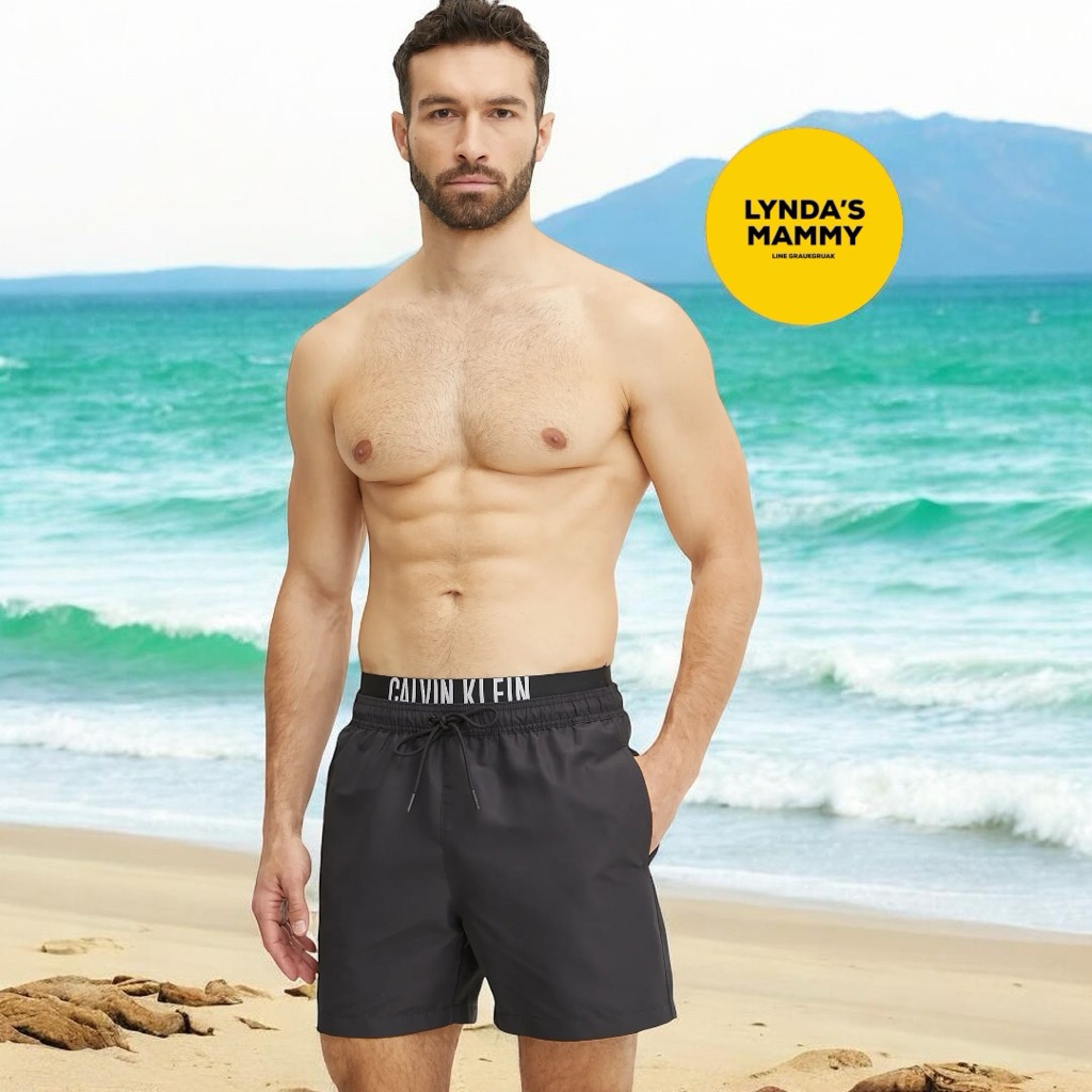 พร้อมส่ง กางเกงว่ายน้ำ Calvin Klein Double Waistband Swim Shorts สีดำ