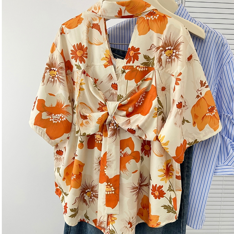 knowyou เสื้อเชิ้ต เสื้อฮาวาย ลายดอกไม้ แต่งโบว์ผูกหลัง แอบแซ่บเบาๆ สาวๆอาบๆใส่ได้ พร้อมส่งจากกรุงเทพฯ