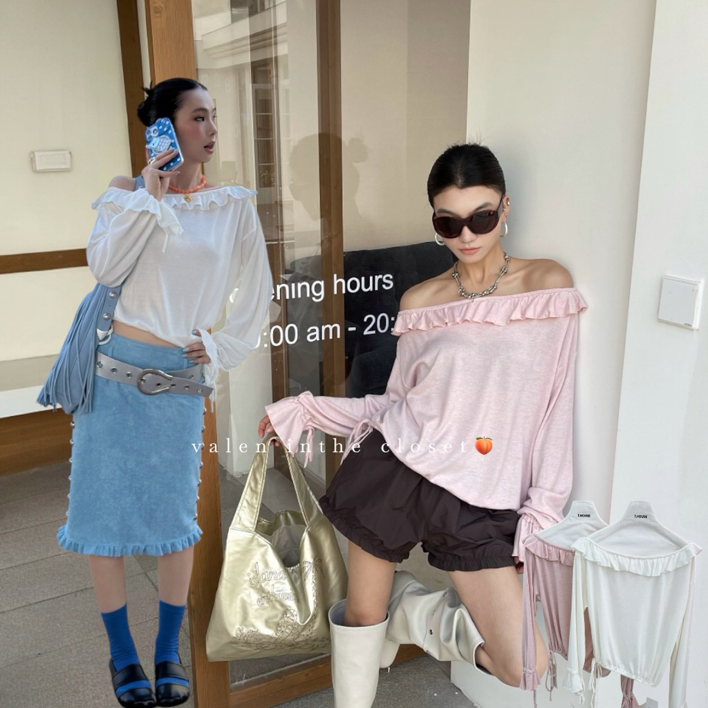 ส่งด่วน 🌸 #26T077 MMFISH เสื้อแขนยาวเปิดไหล่ ดีไซน์แต่งระบาย เพิ่มความเก๋