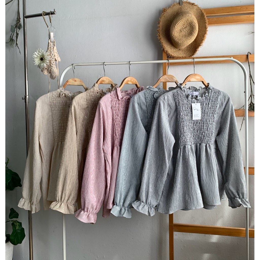 Muffin top 👀 ผ้าcotton (ทอริ้ว อัดย่นในตัว)  5 สี / ครีมเบจ,น้ำตาล , ดำ ,ฟ้าตุ่น , แดง